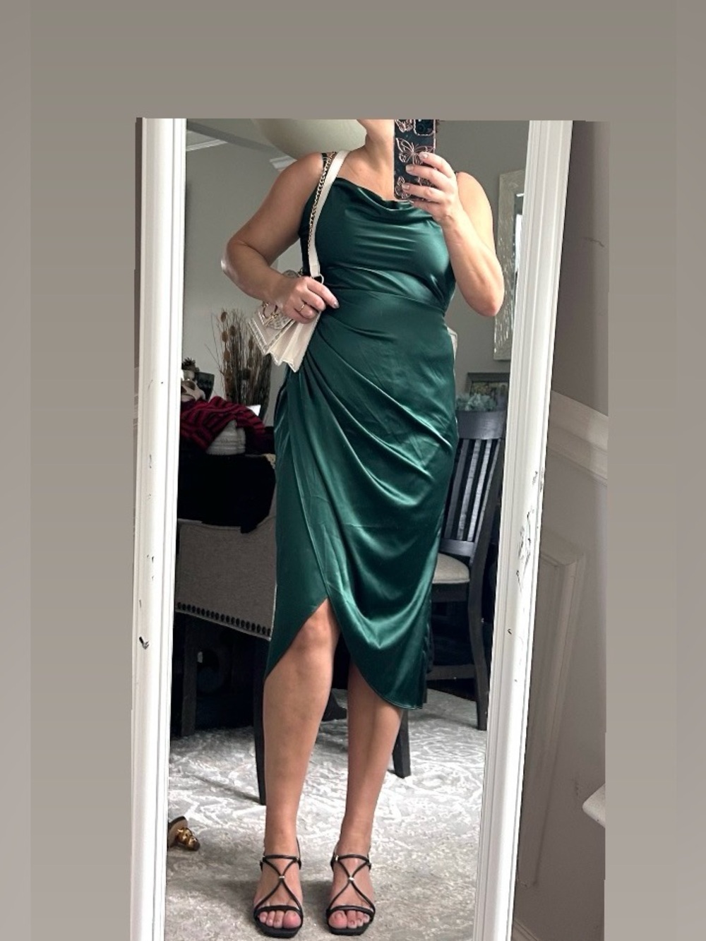 Luxe Emerald Green Satin Draped Maxi Dress